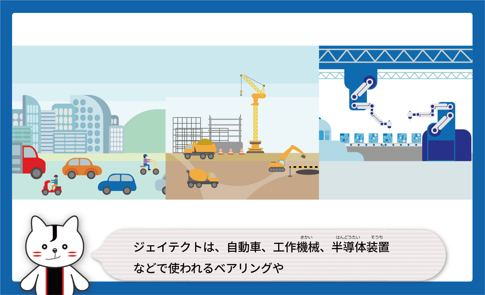 ジェイテクトは、自動車、工作機械（きかい）、半導体装置（はんどうたいそうち）などで使われるベアリングや