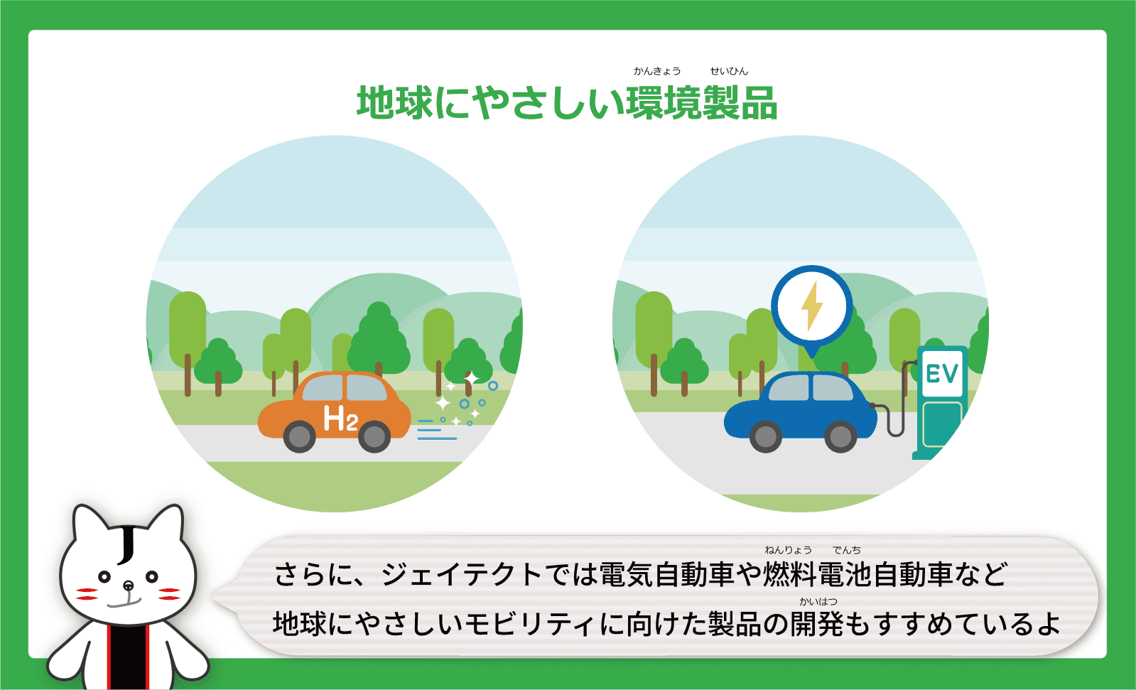 さらに、ジェイテクトでは電気自動車や燃料電池（ねんりょうでんち）自動車など地球にやさしいモビリティに向けた製品の開発（かいはつ）もすすめているよ