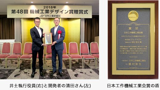井土執行役員(右)と開発者の清田さん(左)／日本工作機械工業会賞の盾