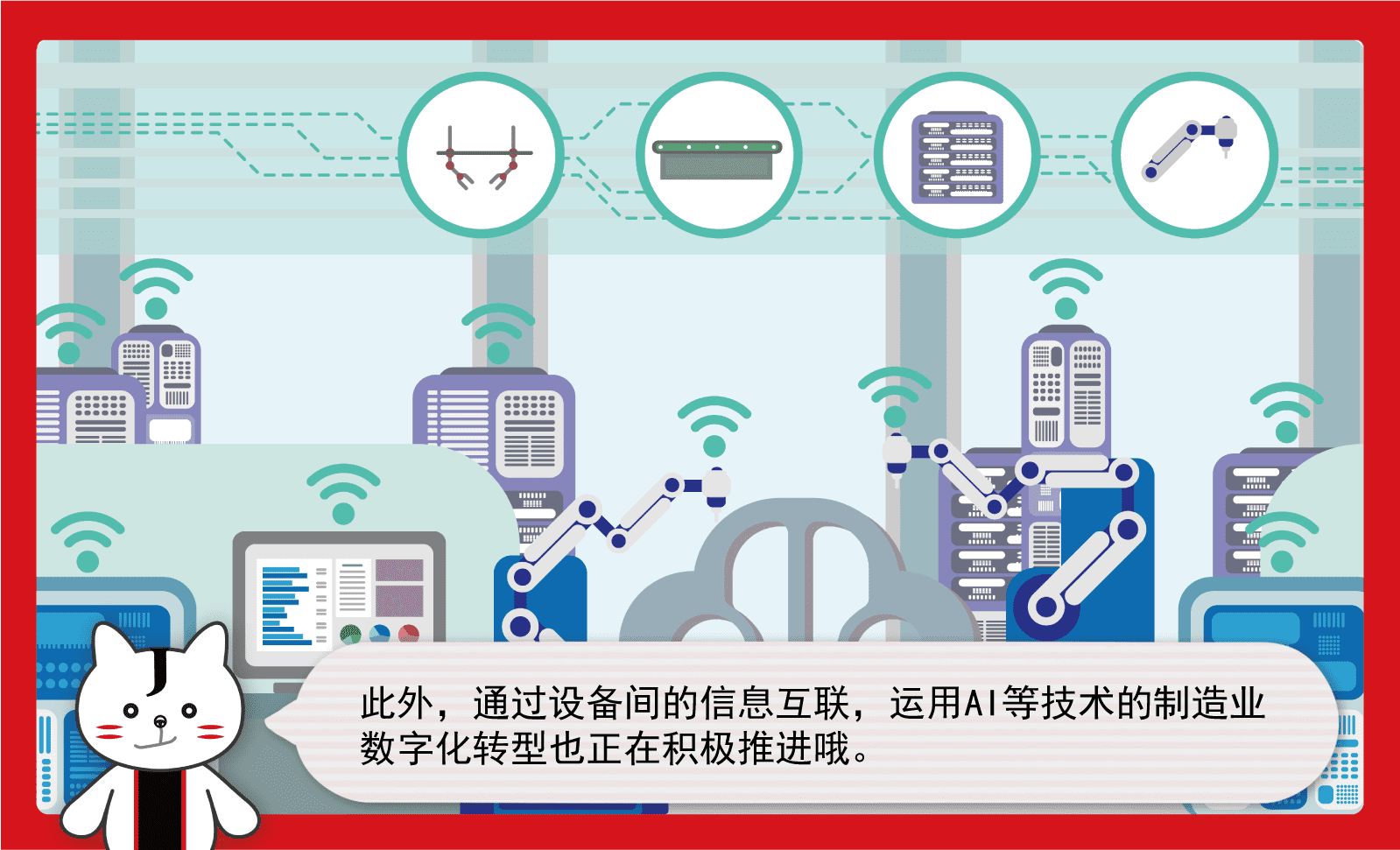 此外，通过设备间的信息互联，运用AI等技术的制造业数字化转型也正在积极推进哦。